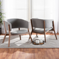 Baxton Studio RDC794S-AC-Light GreyWalnut-CC Baxton Studio Baron Mid-Century Modern Light Grey Fabric Upholstered and Walnut Brown Finished Wood 2-Piece Living Room Accent Chair Set